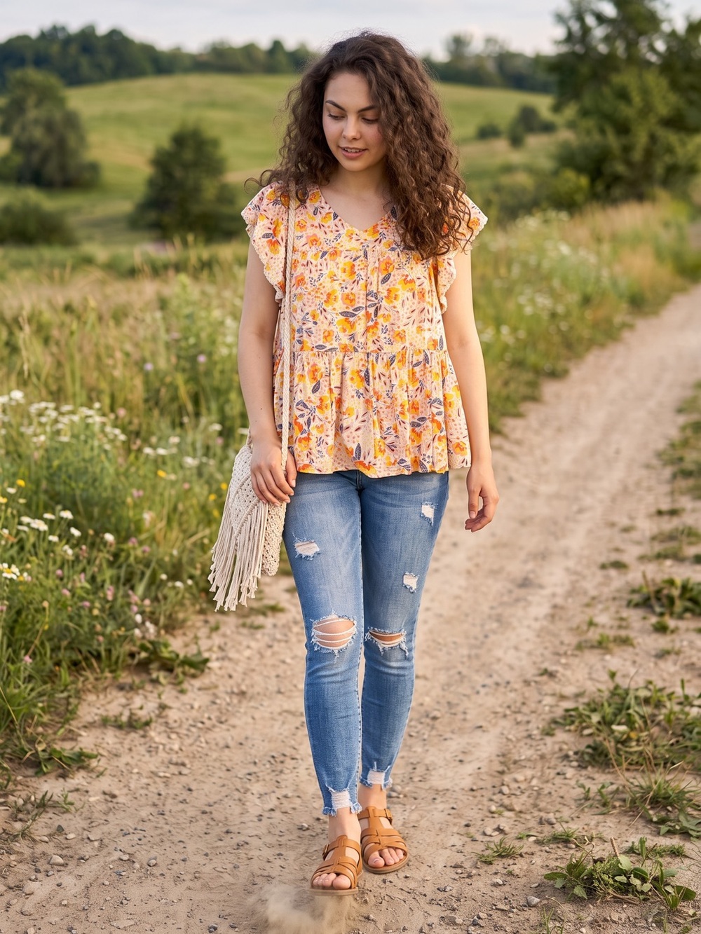 Hailey & Co Floral V-Neck Ruffled Blouse